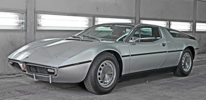 The front fender of a Silver Maserati Bora