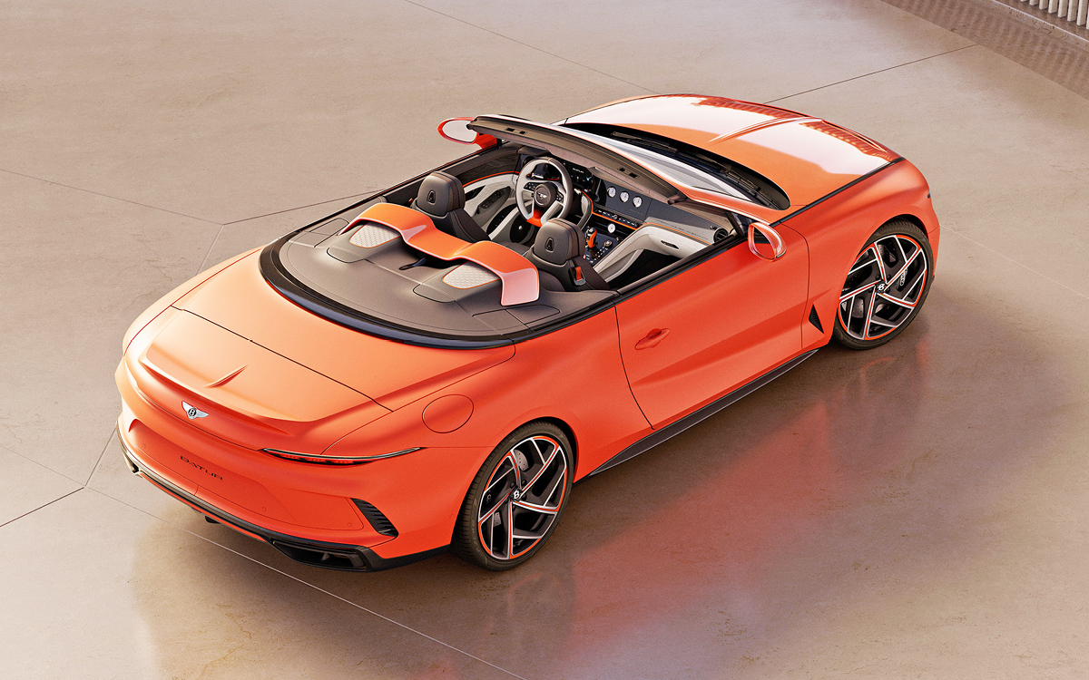 Orange Bentley Batur convertible high rear view