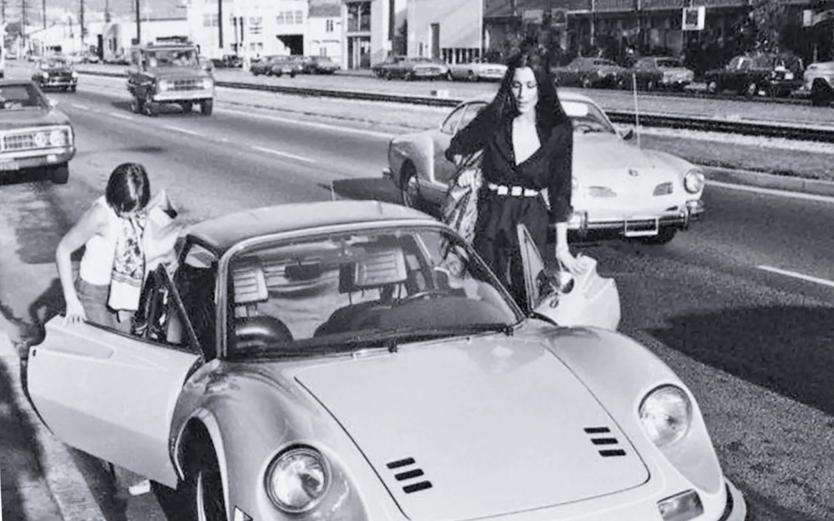 Vintage photo of Cher and her 1972 Ferrari Dino