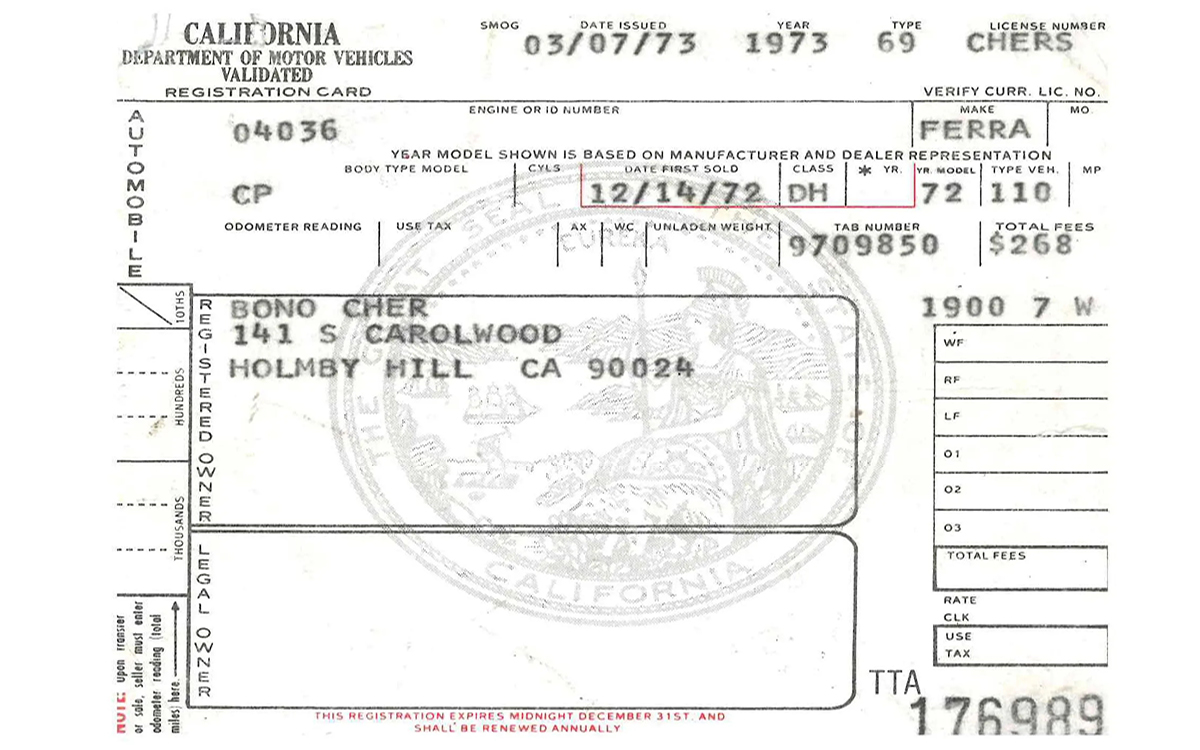 Cher California registration card