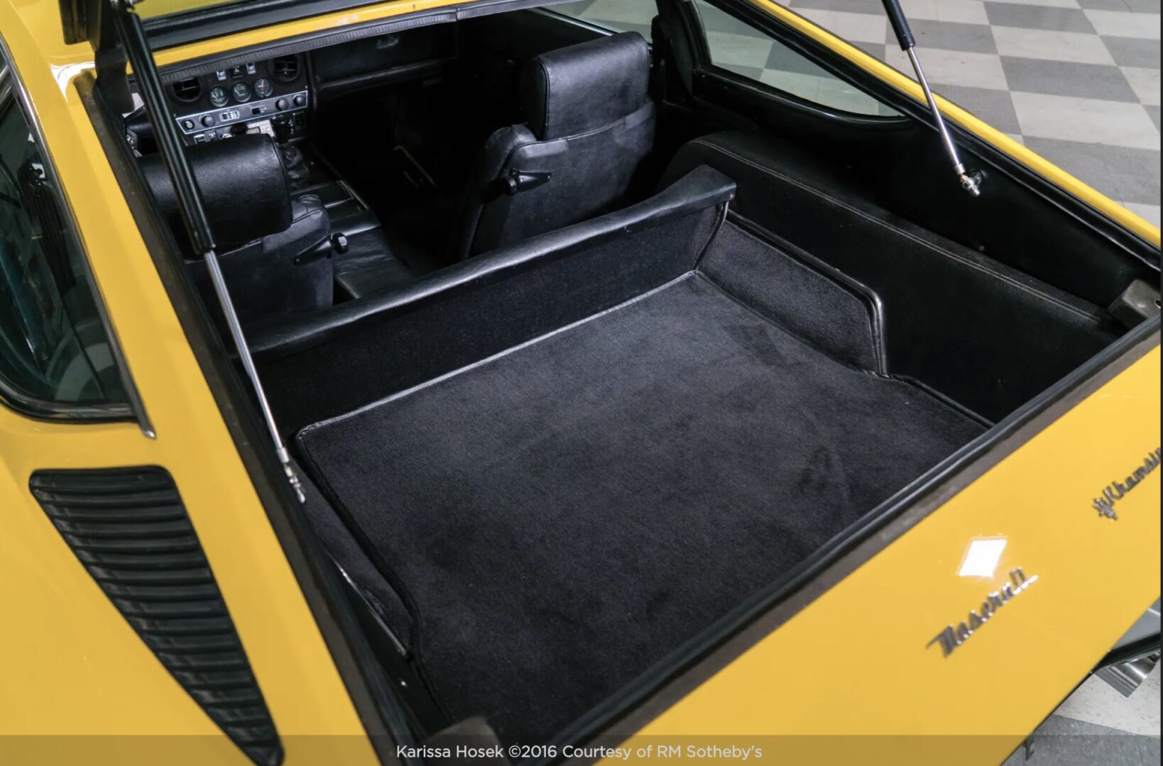 Yellow Maserati Khamsin luggage area