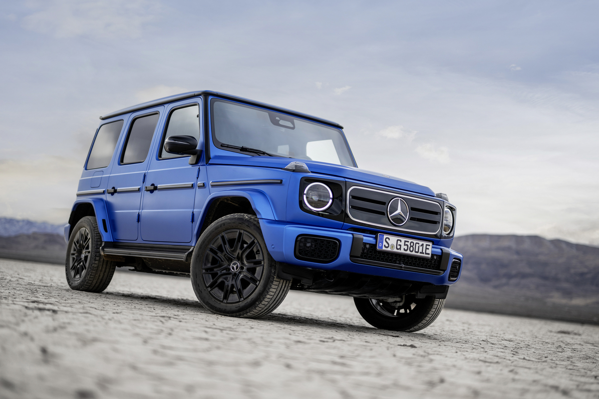 Blue 2025 Mercedes G580 electric vehicle front right view