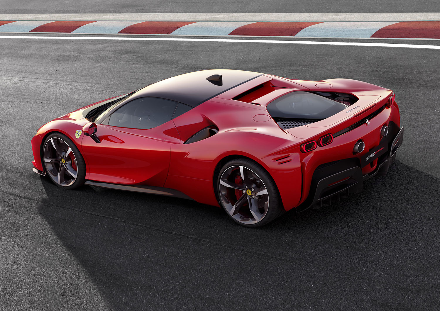 Red Ferrari SF90 Stradale high rear view