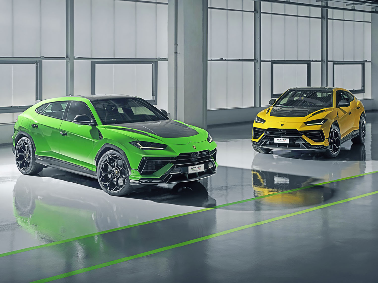 Green and yellow Lamborghini Urus models