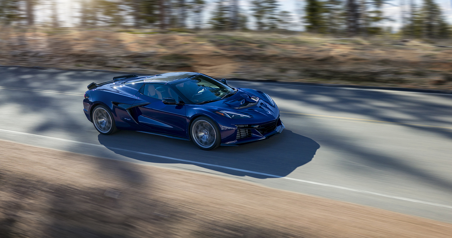 Blue 2025 Corvette ZR1 convertible on track