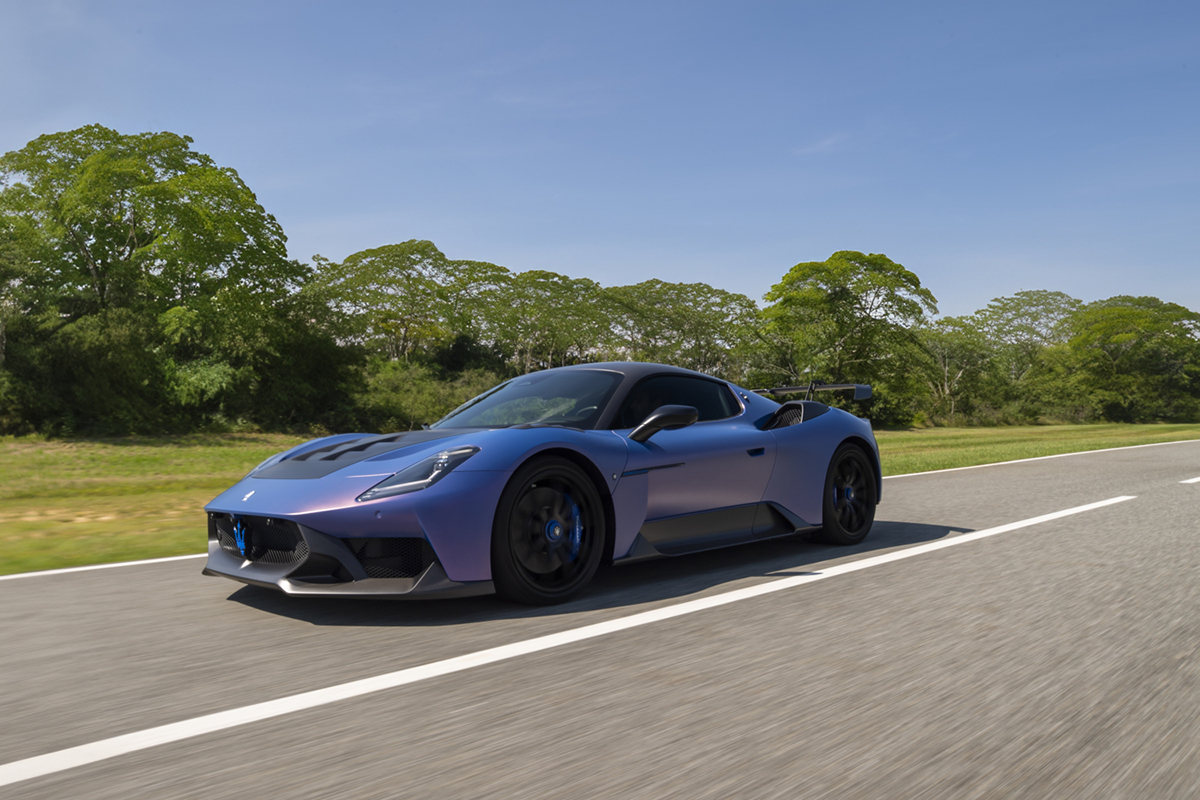 Matte blue Maserati MC20 GT2 Stradale on track