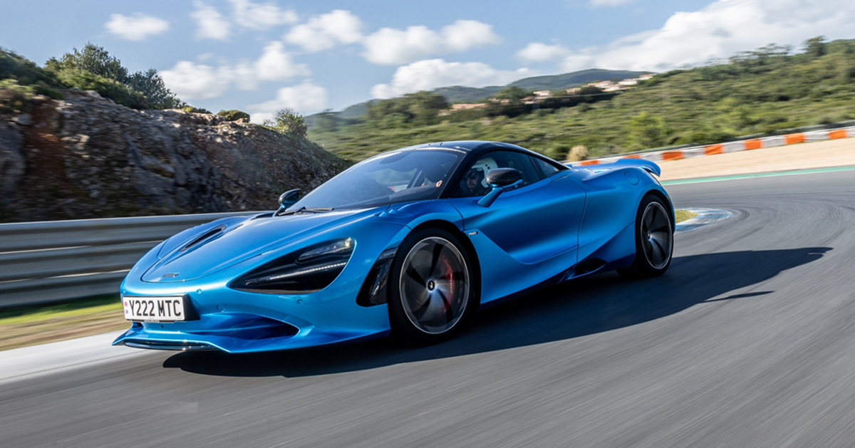 Blue McLaren 750S on road