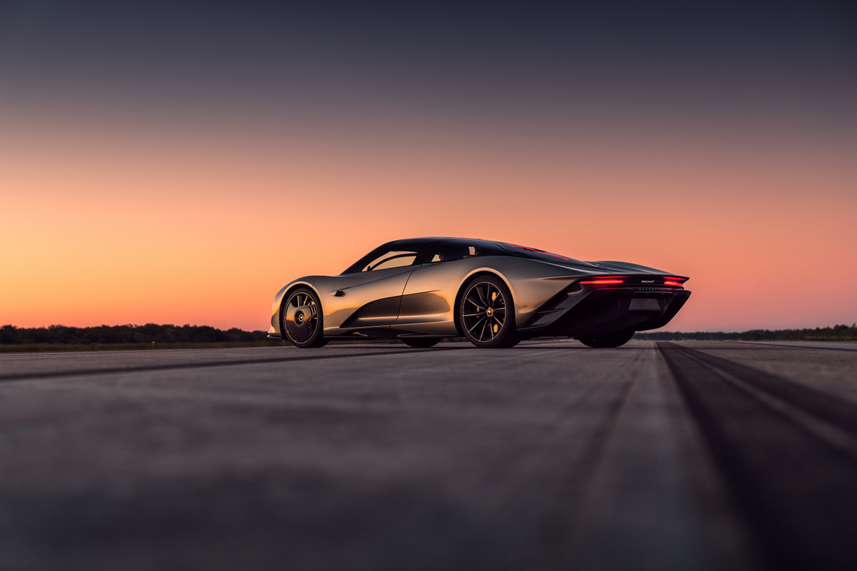 Silver McLaren Speedtail left rear view