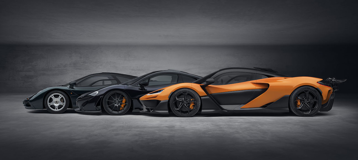 McLaren W1, P1, and F1 hypercars profile view