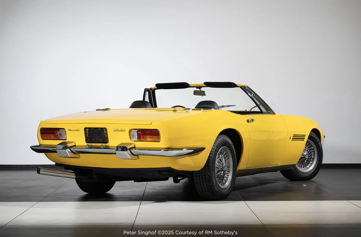 Yellow 1970 Maserati Ghibli right rear view